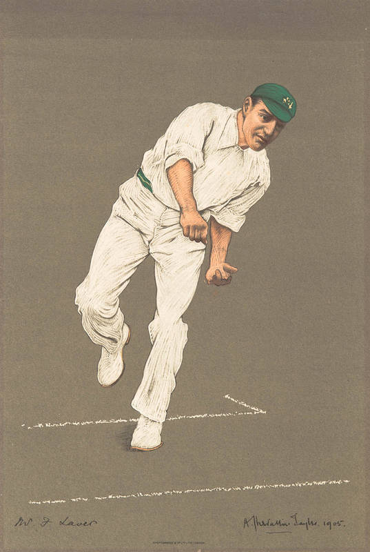 1905 ALBERT CHEVALLIER TAYLER PRINTS, of cricketers in action, noted W.G.Grace (trimmed); plus all Australian cricketers - Warwick Armstrong, Albert Cotter, Joe Darling, R.A.Duff, Syd Gregory, Clem Hill, A.J.Hopkins, J.J.Kelly, Frank Laver, C.E.McLeod, Mo