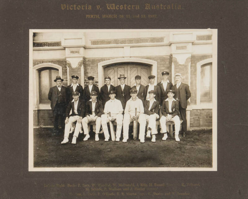 1922 VICTORIAN TEAM, team photograph with caption, "Victoria v Western Australia, Perth, March 10, 11 and 13, 1922", window mounted, framed & glazed, overall 54x49cm.