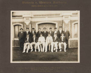 1922 VICTORIAN TEAM, team photograph with caption, "Victoria v Western Australia, Perth, March 10, 11 and 13, 1922", window mounted, framed & glazed, overall 54x49cm.