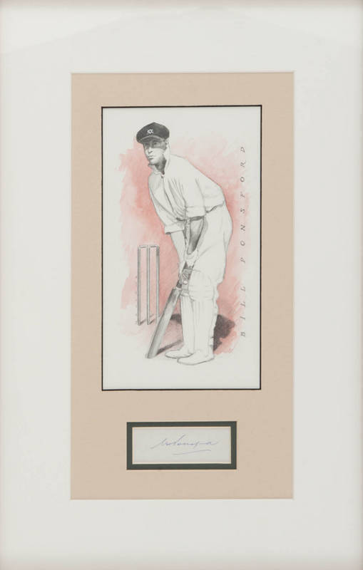 BILL PONSFORD, display comprising signature on piece, window mounted with original drwing by Chris Meadows, framed & glazed, overall 34x51cm. [Bill Ponsford played 29 Tests 1924-34].
