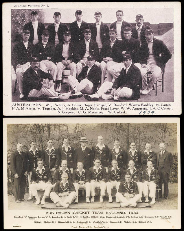 BALANCE OF COLLECTION, noted Australian team postcards (7); reprinted team photos from Melba Studios (7); 1925 Pals magazines (2); tour guides/booklets including "Sporting Globe Cricket Book 1932-3"; "Cricket Stories & Sketches" by Arthur Mailey (signed L