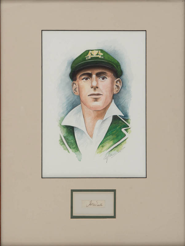 TIM WALL, display comprising signature on piece, window mounted with original watercolour by Chris Meadows, framed & glazed, overall 40x50cm. [Tim Wall played 18 Tests 1929-34].