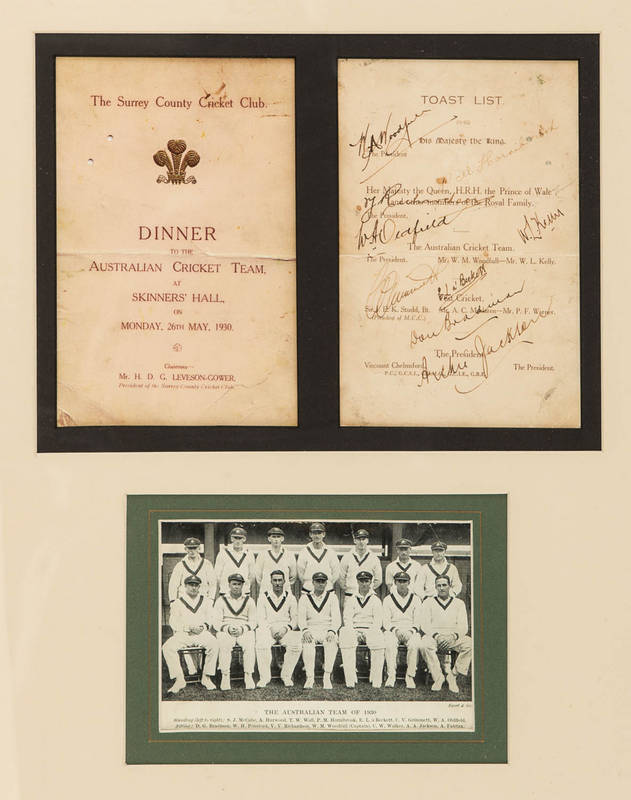 1930 AUSTRALIAN TOUR TO ENGLAND, display with menu "The Surrey County Cricket Club, Dinner to the Australian Cricket Team", with 9 signatures on reverse including Don Bradman, Archie Jackson & Bill Woodfull, window mounted with picture "The Australian Tea