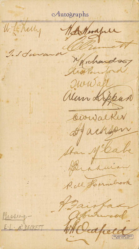 1930 AUSTRALIAN TEAM: "17th Australian XI, English Tour, 1930", 4-page tour itinerary, with 16 signatures on back cover including Don Bradman, Archie Jackson, Bill Woodfull & Clarrie Grimmett. Plus menu "To Wish Bon Voyage to the Members of the Seventeent