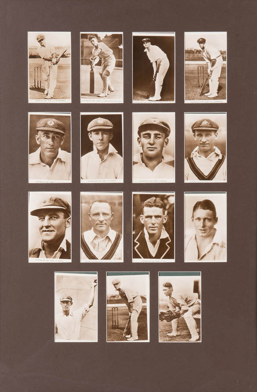 1930 AUSTRALIAN TEAM, "Australian Test Team", complete set of real photograph postcards [15], including Don Bradman, Bill Woodfull & Archie Jackson, window mounted, framed & glazed with period oak frame, overall 58x84cm.