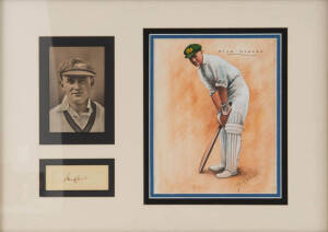 STAN McCABE, display comprising signature on piece, window mounted with postcard & original drawing by Chris Meadows, framed & glazed, overall 63x49cm. [Stan McCabe played 39 Tests 1930-38].