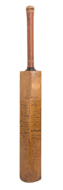 MAURICE LEYLAND'S SIGNED BAT FROM 1930-34: Full size "William Sykes - Maurice Leyland" Cricket Bat, signed by Maurice Leyland in the ownership position, signed on reverse by 1930 Australia & England teams - 27 signatures including Bill Woodfull, Don Bradm