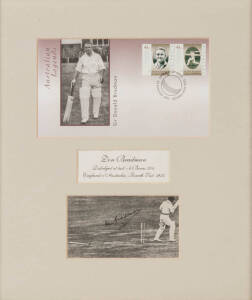 DON BRADMAN, display with nice signature on picture of Bradman bowled by Bowes for 304 in 4th Test of 1934 Ashes series, window mounted, framed & glazed, overall 36x41cm.