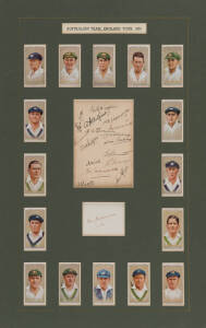 1934 AUSTRALIAN TEAM, display comprising autograph page with 16 signatures including Bill Woodfull, Bert Oldfield, Clarrie Grimmett & Bill O'Reilly; plus piece signed by Don Bradman; window mounted with 16 cigarette cards from Players "Cricketers 1934", o