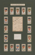 1934 AUSTRALIAN TEAM, display comprising autograph page with 16 signatures including Bill Woodfull, Bert Oldfield, Clarrie Grimmett & Bill O'Reilly; plus piece signed by Don Bradman; window mounted with 16 cigarette cards from Players "Cricketers 1934", o