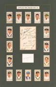 1934 AUSTRALIAN TEAM, display comprising autograph page with 16 signatures including Bill Woodfull, Bert Oldfield, Clarrie Grimmett & Bill O'Reilly; plus piece signed by Don Bradman; window mounted with 16 cigarette cards from Players "Cricketers 1934", o - 2