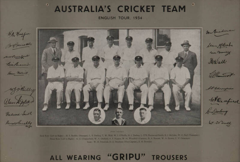 1934 AUSTRALIAN TEAM, team photograph, with title "Australia's Cricket Team, English Tour 1934, All Wearing 'Gripu' Trousers", and players names & facsimile autographs printed on mount, framed & glazed with period oak timber frame, overall 63x53cm. Superb