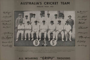 1934 AUSTRALIAN TEAM, team photograph, with title "Australia's Cricket Team, English Tour 1934, All Wearing 'Gripu' Trousers", and players names & facsimile autographs printed on mount, framed & glazed with period oak timber frame, overall 63x53cm. Superb