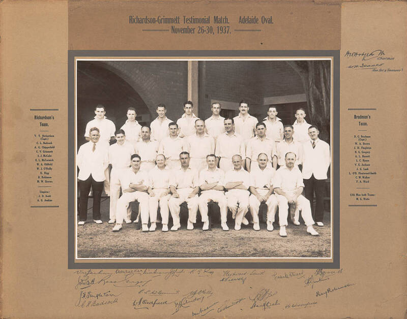 1937 RICHARDSON-GRIMMETT TESTIMONIAL MATCH, official team photograph, with title "Richardson-Grimmett Testimonial Match, Adelaide Oval. November 26-30, 1937", and players names printed on mount, also signed on mount by both teams, 23 signatures including
