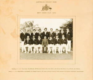 TEAM PHOTOGRAPHS: 1946-47 Australia 4th Ashes Test including Don Bradman (46x35cm); 1947-48 India Tour to Australia (43x35cm); 1973 Australian Tour to West Indies (42x38cm). Some soiling on mounts.