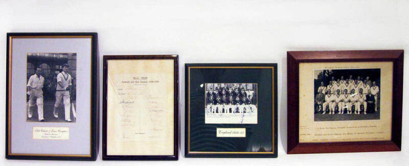 CRICKET FRAMES, noted 1948 Australian team photograph,1946 Indian team photograph, 1947-48 England team picture with 12 signatures. All framed, various sizes.