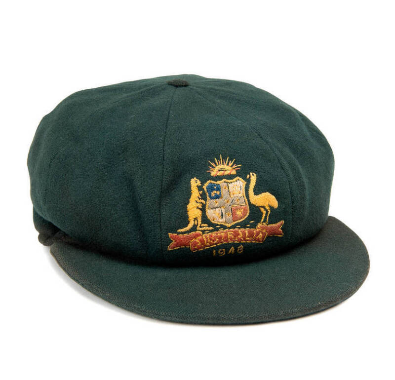 SAM LOXTON'S AUSTRALIAN "BAGGY GREEN" 1948 "INVINCIBLES" TEST CAP, green wool, embroidered Coat-of-Arms & "1948" on front, endorsed on Farmers label "S.J.Loxton". VG condition. [Sam Loxton played 12 Tests 1947-51].