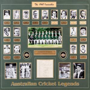 1948 AUSTRALIAN TEAM, display "The 1948 Invincibles - Australian Cricket Legends", comprising official team sheet with 16 signatures including Don Bradman, Lindsay Hassett & Keith Miller; plus one signature affixed & the usual handstamp of Sidney Barnes, 