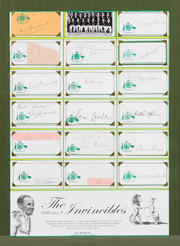 1948 AUSTRALIAN TEAM, display comprising signatures on individual pieces (17), window mounted, framed & glazed, overall 37x49cm.