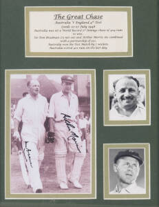 DON BRADMAN & ARTHUR MORRIS, display "The Chase" with photo signed by Don Bradman & Arthur Morris, window mounted with details of their 301 run partnership in the 4th Test 1948, framed & glazed, overall 32x40cm. With CoA.