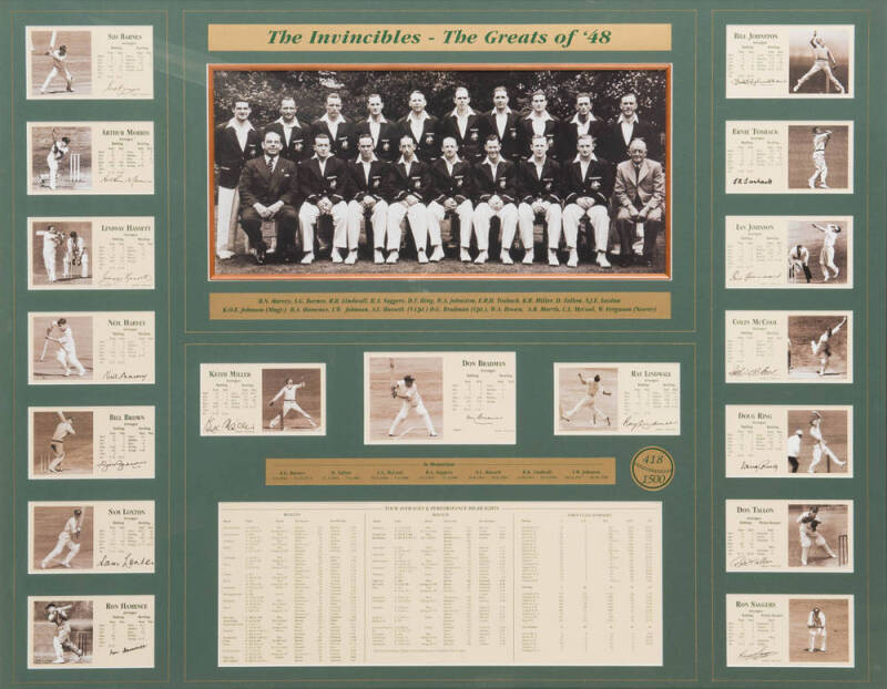 1948 AUSTRALIAN TEAM, "The Invincibles - The Greats of 1948", display comprising team photo, window mounted with photo & record for each player, with 9 facsimile & 8 genuine signatures, including Arthur Morris, Neil Harvey & Bill Brown; framed and glazed,