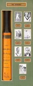 "1948 INVINCIBLES", display comprising full size Cricket Bat with 7 signatures - Don Bradman, Arthur Morris, Neil Harvey, Sam Loxton, Bill Brown, Ron Hamence & Bill Johnston, mounted in display case with 7 photographs, framed & glazed, overall 52x114cm.