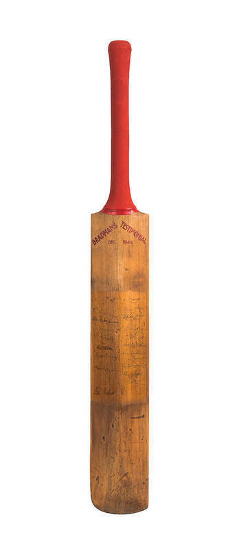 DON BRADMAN TESTIMONIAL MATCH: "Slazenger - Don Bradman" Cricket Bat with text on reverse in red "BRADMAN'S TESTIMONIAL, DEC.1948", and with 21 faded signatures including Arthur Morris, Lindsay Hasset & Neil Harvey; also signed on front by Don Bradman in
