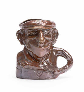 DON BRADMAN, Bendigo Pottery "Sir Don Bradman" caricature jug, very attractive with brown glaze, 15cm high. Limited edition 852/3000.