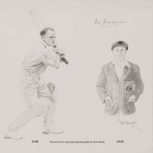 DON BRADMAN PRINTS, sketches of Bradman personally signed (limited edition 22/25); plus print "452 not out". Both framed, various sizes.