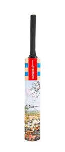 DON BRADMAN: "Gray-Nicolls" Cricket Bat decorated with landscape painting by John Dynon, signed in black texta by Don Bradman. VG condition.