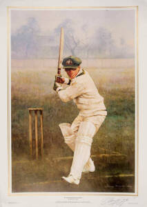 DON BRADMAN, print "Sir Donald and his Trusty Blade" by d'Arcy Doyle, signed by the artist, and numbered 453/1000, size 45x65cm. Published by Queensland Cricketers' Club to commemorate Centenary of Sheffield Cricket 1992.