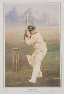 DON BRADMAN, print "Sir Donald and his Trusty Blade" by d'Arcy Doyle, signed by the artist, and numbered 452/1000, size 45x65cm. Published by Queensland Cricketers' Club to commemorate Centenary of Sheffield Cricket 1992.