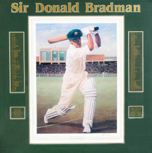 DON BRADMAN, print "Sir Donald Bradman" by Ramon Girardi, signed by Don Bradman and the artist, numbered 243/1500, window mounted, framed & glazed, overall 92x90cm. Plus 1997 Australia Post "Australian Legends - Sir Donald Bradman" signed display, window 