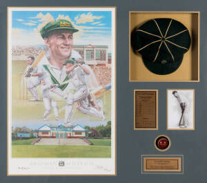 DON BRADMAN, display compring signature on "Don Bradman" print by Brian Clinton, also signed by the artist & numbered 377/1000, window mounted with Bradman Museum cricket cap, framed & glazed, overall 108x97cm. With CoA.