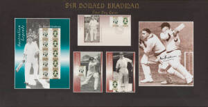 DON BRADMAN, display with signed photograph, window mounted with Australian Legends - Sir Donald Bradman P.O.Pack, FDC & maxi cards, framed & glazed, overall 81x46cm. With CoA.