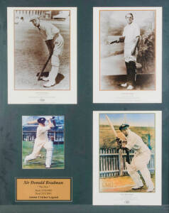 DON BRADMAN DISPLAY, comprising signed colour photograph, window mounted with three Bradman Museum posters, framed & glazed, overall 93x113cm. With CoA.