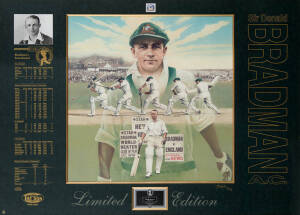 "A TRIBUTE TO THE DON 1908-2001", very large colour print by Brian Clinton, depicting Bradman playing his classic cover drive on the way to his record breaking innings of 334 at Headingley in 1930. The print is mounted with career details and is signed to