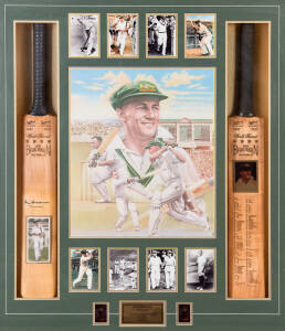 DON BRADMAN DISPLAY, comprising signature on replica "Sykes -Don Bradman" Cricket Bat, mounted with another replica  "Sykes -Don Bradman" Cricket Bat engraved with Bradman's Test centuries, plus Print of Bradman & eight pictures, framed & glazed, overall 