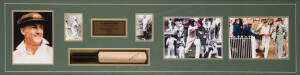 DON BRADMAN, display comprising signed miniature bat, window mounted with 5 photographs, framed & glazed, overall 162x48cm. With CoA.