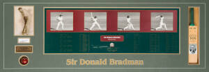 DON BRADMAN, display comprising "Sir Donald Bradman - frame by Frame" print, window mounted with signature on piece & miniature bat, framed & glazed, overall 164x66cm. With CoA.