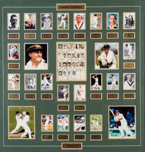 "AUSTRALIAN TEST CAPTAINS", display comprising page with 22 signatures including Don Bradman, Bill Brown, Lindsay Hassett, Richie Benaud, Ian Chappell, Mark Taylor, Steve Waugh & Ricky Ponting, surrounded by photographs of the 22 captains, window mounted,