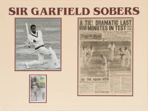 SIR GARFIELD SOBERS, display comprising signed postcard together with front page of the Sun from the Tied Test and action photograph, framed & glazed, overall 82x64cm.