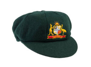 AUSTRALIAN "BAGGY GREEN" TEST CAP, from the 1970s, green wool with embroidered Australian Coat-of-Arms on front, made by Albion, player unknown. G/VG condition. Ex Len Maddocks who was Australia's team manager in the 1970s, including the disastrous 1977 A