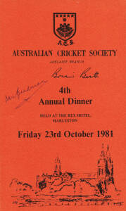 Australian Cricket Society dinner menus (6) with range of 16 signatures including Don Bradman (6), Jessie Bradman, Sam Loxton & Brian Booth.