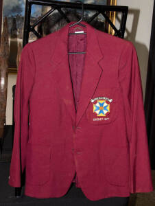 CRAIG McDERMOTT'S QUEENSLAND BLAZER, navy blue, double-breasted, with "Bulls" badge on pocket; plus Queensland Bulls tie; Ipswich Grammar School blazer with school badge & "1st XI - 1981" embroidered on pocket; school tie; maroon blazer with "Queensland/C