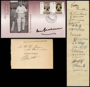 BALANCE OF CRICKET COLLECTION, noted autographs with Don Bradman signed FDCs (4); Clarrie Grimmett; Harold Larwood; teams with 1936-37 England, 1978-79 England, 1991-92 India, 2000 Australian Women, 2003-04 India. Also 1984 Adelaide Oval Centenary Test wa