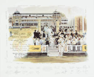 CRICKET PRINTS: "Sir Don Bradman" by Alan Fearnley (Bradman wearing Australian cap with MCG in background), signed by Don Bradman & the artist, limited edition 463/850, window mounted, framed & glazed, overall 55x68cm; plus "A small step for Kepler..." si