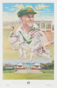 DON BRADMAN, signature on "Don Bradman" print by Brian Clinton, also signed by the artist & numbered 57/1000, published by the Bradman Museum, window mounted, framed & glazed, overall 70x97cm. With CoA.