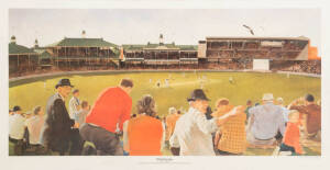 DON BRADMAN, print "From the Hill - Don Bradman hits the single that gives him 100 first class centuries, November 15, 1947" by Wesley Walters, signed by Don Bradman in lower margin, window mounted, framed & glazed, overall 123x76cm.