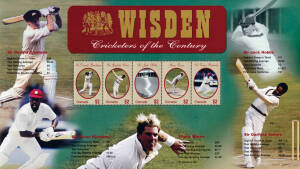 Wisden Cricketers of the Century Stamp Collection, comprising album with 6 Miniature Sheets & 8 FDCs, featuring Sir Donald Bradman, Shane Warne, Sir Vivian Richards, Sir Garfield Sobers & Sir Jack Hobbs. With CoA No.275/1500.